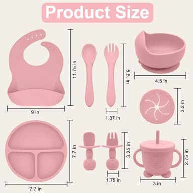 Munlinder Silicone Baby Feeding Set | Baby Led Weaning Supplies Includes Suction Bowls and Divided Plates, Adjustable Bib, Baby Utensils Spoons and Forks,Cup | Baby Feeding Essentials (Pink) - Image 7