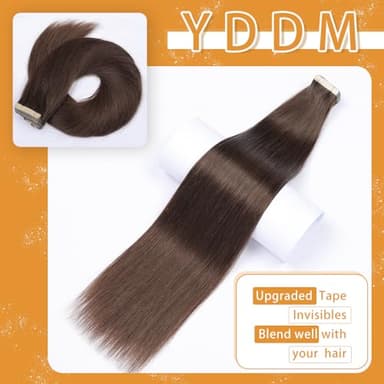 YDDM 14 Inch Tape in Hair Extensions Human Hair, 20pcs Dark Brown Seamless Invisible Straight Tape in Hair Extensions 100% Remy Human Hair for Women(2#, 14 Inch) - Image 2