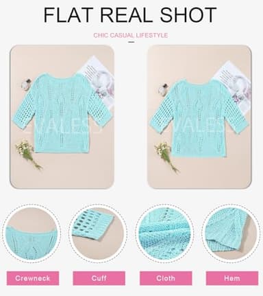 EVALESS Womens Tops Spring Summer Crochet Hollow Out 3/4 Sleeve Pullover Sweaters Off Shoulder Tops Oversized T-Shirts Swim Suits Beach Cover Up for Women Cruise Outfits for Women 2025, Blue X-Large - Image 6