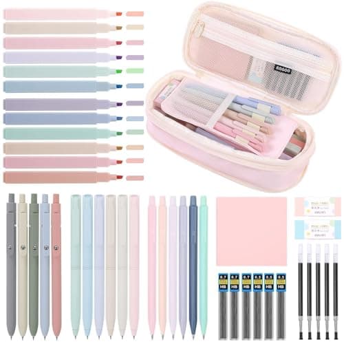 SKYDUE Cute School Supplies 44 PCS, Aesthetic Pencil Case with 12 Pastel Highlighters, 5 Black Gel Pens, 6 Color Gel Pens & Mechanical Pencils, College Essentials Students Stationary Set Pink - Image 1
