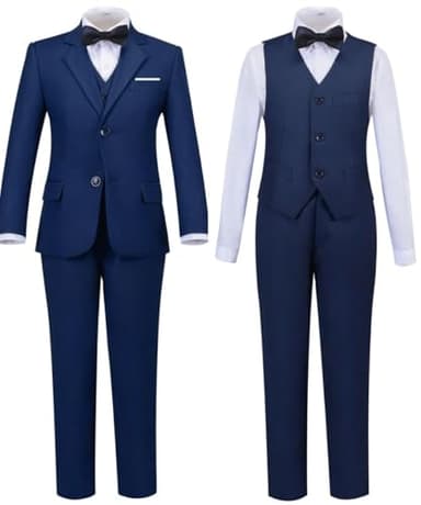 Addneo Boys 5 Pcs Suit Set Formal Dress Shirt with Bowtie Vest Pants Toddler Boy Tuxedo Suits Navy Blue，8 - Image 5