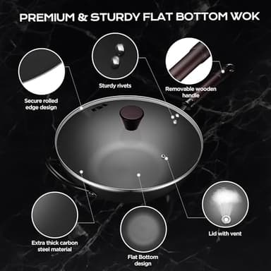 Wok, 13 Inch carbon steel woks & stir-fry pans nonstick, Pre-Seasoned 5.8QT Flat Bottom Chinese Wok Pan with lid, Carbon Steel Cookware, Compatible with All Cooktops - Image 6