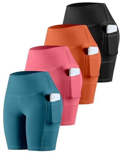 CHRLEISURE Womens Biker Yoga Shorts with Pockets: High Waisted Tummy Control Spandex Workout Athletic Gym Shorts 4 Packs(8'' Black, Orange, Coral Pink, Blue 2XL) - Image 1