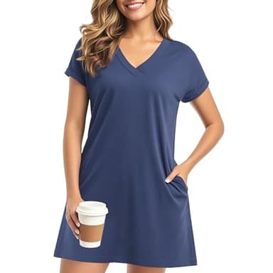 GEHENG Summer Dresses for Women2025 Beach Dresses V-Neck Oversized T-Shirt Casual Loose and Breathable Dress Pocket Dress Women Clothes Blue - Image 1