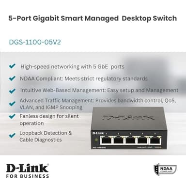 D-Link 5-Port Gigabit Smart Managed Switch —5GbE Ports —L2—VLANs —Web Managed —Desktop—Fanless —NDAA Compliant —Lifetime Protection (DGS-1100-05V2) - Image 2