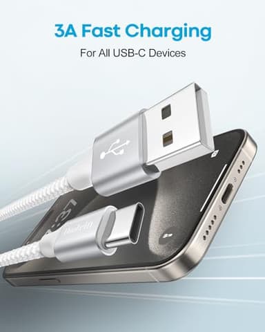 Huukein White USB C Cable 10 ft, Long USB A to USB C Cable Fast Charging, USBC Charger Cord Braided for iPhone 17 Air 16 15 Pro Max Plus, for Samsung Galaxy S21 Note 10 - Image 2