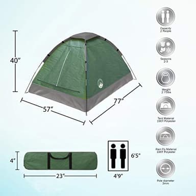 2 Person Camping Tent with Rain Fly and Carrying Bag - Lightweight Outdoor Tent for Backpacking, Hiking, or Beach Use by Wakeman Outdoors (Green) - Image 2