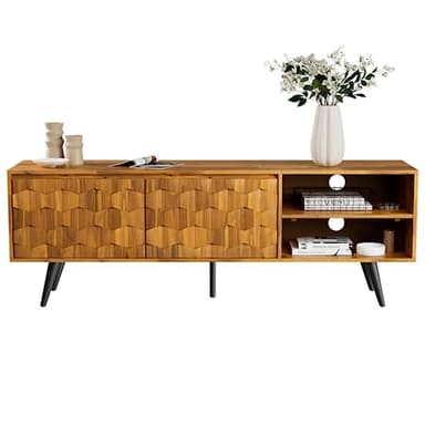 Bme Georgina Solid Wood, 10 Minutes Assembly Entertainment Center with Storage Geometric Pattern Console for Living, Bedroom, Dining Room, TV Stand 65 Inch, Teak Brown - Image 5