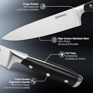 GOODA Knife Set with Block,11 Pieces High Carbon Stainless Steel Kitchen Knife set with Wooden Block,Dishwasher Safe Cooking Knives with Sharp Blade Forged Triple Rivet Ergonomic Handle - Image 2