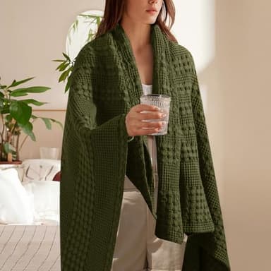 PHF 100% Cotton Waffle Weave Throw Blanket, Soft Lightweight Breathable Cozy Throws for Couch Bed Sofa, Luxury Aesthetic Woven Blanket for Home Decor & Office, 50"x60", Capulet Olive - Image 2