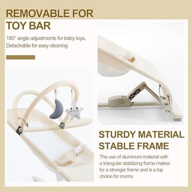 3-in-1 Portable Baby Bouncer & Rocker Chair for Newborn to Toddler - 4 Adjustable Recline Positions, Breathable Cotton Fabric, Natural Vibration, Supports Up to 33 lbs (Oatmeal Khaki) - Image 7