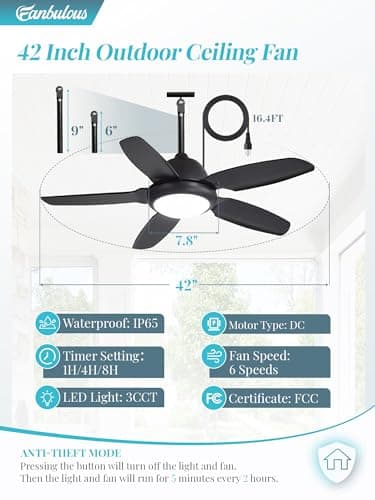Fanbulous 42 Inch Waterproof Outdoor Ceiling Fan with Lights and Remote,IP65 Hanging Gazebo Fan with 3CCT 6-Speed DC Motor,Black Wet Rated Plug in Ceiling Fan with Cord for Patios Porch Pergola - Image 6