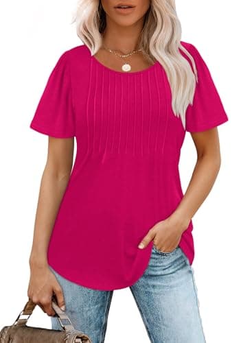Womens Tops Summer Outfits Hot Pink Fashion Blouses Dressy Casual Short Sleeve Oversized Ladies Clothes 2XL - Image 2