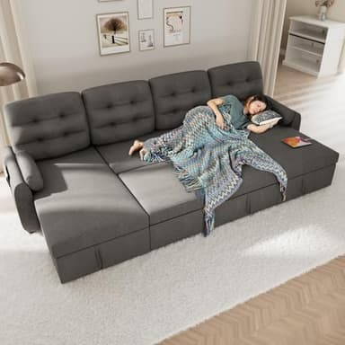Ucloveria Sectional Sofa Couch, 112" Sleeper Sofa Bed with Dual Reversible Storage Chaise Pull Out Couch for Living Room | Side Pocket | Charging Station | Removable Backrest | Linen Fabric, Dark Grey - Image 4