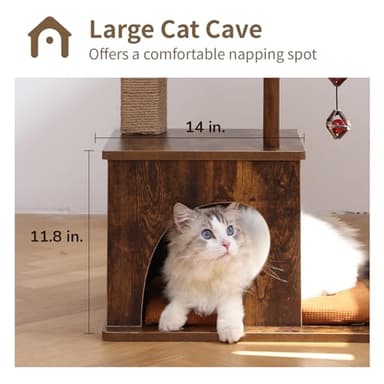 FUKUMARU Cat Tree, 4 in 1 Large Modern Cats Tower with Jute Scratching Post and Hammock, Wood Cat Condo with silvervine Balls, Brown Cat Climber Stand Playhouse for Indoor Cats, Retro Style - Image 6