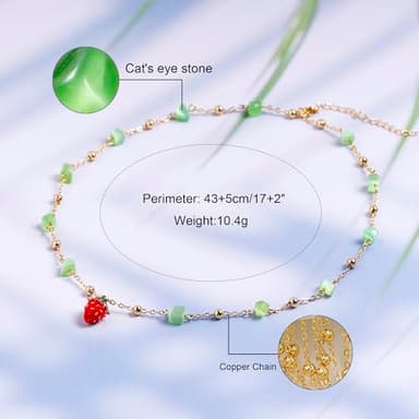 Da Piao Liang Strawberry Necklace Earrings With Green Cat'S Eye Stone - Beaded Choker Necklace Bracelet For Women Unique Graduation Gift (Style 1) - Image 3
