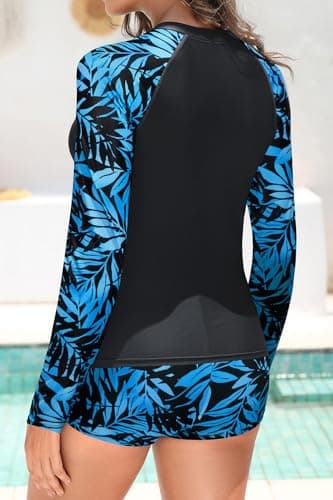 Holipick Black and Leaves 2 Piece Rash Guard for Women - Long Sleeve Swimsuit with Shorts UPF 50+ Zipper Swim Shirt M - Image 3