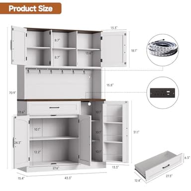 ONBRILL 71" Pantry Cabinet, Kitchen Pantry Storage Cabinet with LED Light & Outlet, Kitchen Hutch with Microwave Shelf & 6 Hook, Door Shelf & Drawer & Adjustable Shelf, Dining Room, Off White+Walnut - Image 2
