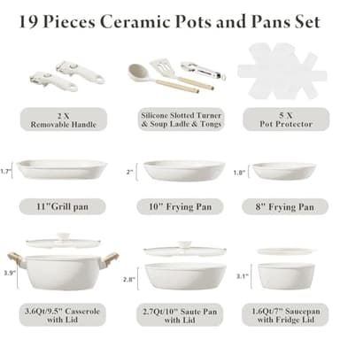 Bazova 19 Pcs Pots and Pans Set Non Stick Ceramic Cookware Set with Removable Handles, Non Toxic Induction Kitchen Cookware Sets RV Cookware,Dishwasher/Oven Safe PFAS/PTFE/PFOA Free Cream White - Image 2
