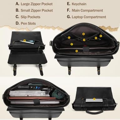 IGOLUMON Messenger Bag for Men 15.6 inch Vintage Leather Waterproof Laptop Briefcase for Men Large Computer Laptop Bag Leather Satchel Bag Retro Shoulder Bag for Office Business Travel College, Black - Image 3