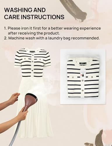 ZESICA Women's 2025 Casual Striped Midi Dress Crewneck Short Sleeve Button Ribbed Knit Swing Pleated A Line Dresses,Beige,Small - Image 8