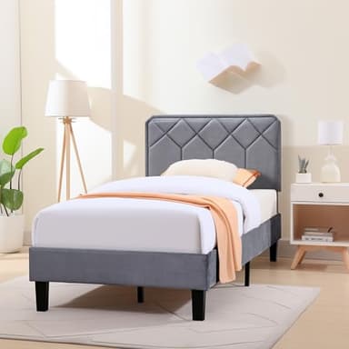 VECELO Twin Size Bed Frame, Velvet Upholstered Platform with Adjustable Headboard, Mattress Foundation with Solid Wood Slats, No Box Spring Needed, Easy Assembly - Image 4