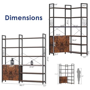 Nosepen 6 Tire Large L Shaped Bookshelf & Corner Bookcase with Storage Cabinet and 2 Barn Doors and 10 Storage Shelves, 71.3" Tall Farmhouse Etagere L Shaped Book-Shelf with Metal Frame(Brown) - Image 6