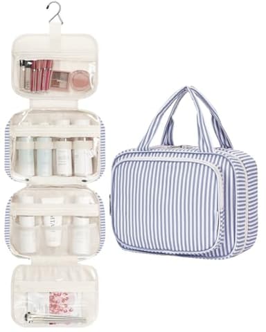 Narwey Striped Hanging Toiletry Bag for Women Travel Makeup Bag Organizer Toiletries Bag for Travel Size Essentials Accessories Cosmetics (Greyish Blue Stripe (Medium)) - Image 2