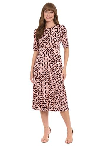 London Times Women's Dresses Inset Waist Midi Dress Career Office Occasion Guest of, Hexagon Geo - Navy/Persimmon, 10 - Image 1