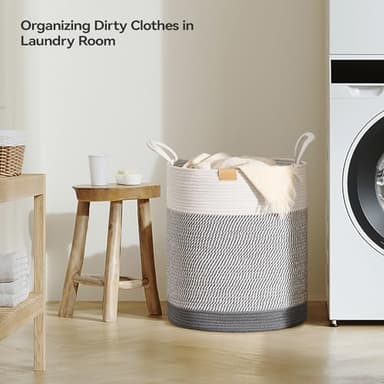 Nunsino 80L Laundry Hamper Basket,Baby Nursery Woven Storage Basket for Toys Bin,Pillows,Blankets,Clothes,Grey&White - Image 3