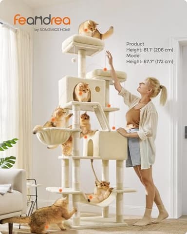 Feandrea Cat Tree, 81.1-Inch Large Cat Tower with 13 Scratching Posts, 2 Perches, 2 Caves, Basket, Hammock, Pompoms, Multi-Level Plush Cat Condo for Indoor Cats, Beige UPCT190M01 - Image 2