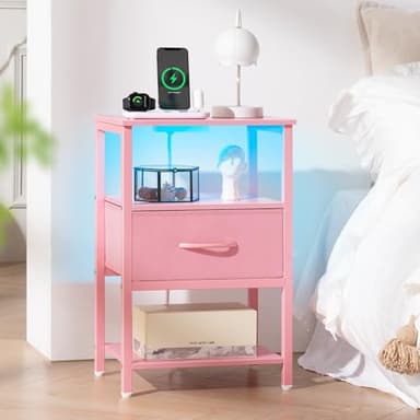 Yoobure Pink Night Stand with Charging Station, LED Nightstand for Bedroom, Bedside Tables with Adjustable Fabric Drawer, 3-Tier End Table Living Room, Small Side Table with Storage - Image 2
