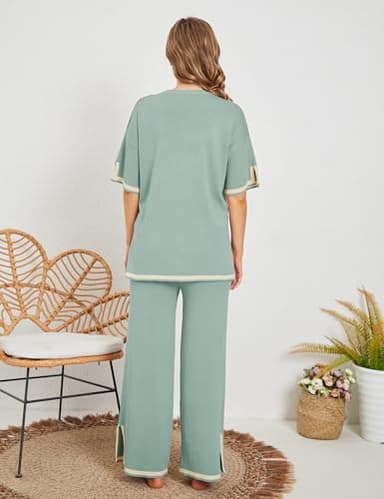 Tanming Sweater Sets Women 2 Piece Lounge Sets Short Sleeve Knit Pullover Tops Wide Leg Pants (GreyGreen-S) - Image 3