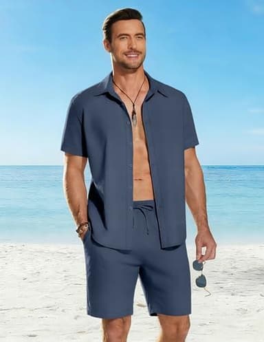 COOFANDY Men's 2 Pieces Cotton Linen Set Short Sleeve Button Down Shirts Summer Beach Shorts Casual Outfits - Image 4