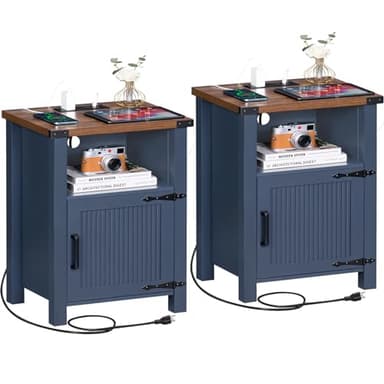 Joaxswe Night Stand Set of 2, 18 Inch Farmhouse Nightstand with with Charging Station and USB Port, Rustic Couch End Table with Magnetic Door, Wood Bed Side Tables for Bedroom, Home, Navy Blue - Image 1