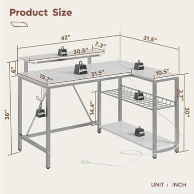 Bestier White Computer Desk with Charging Port & LED Strip,42 inch Modern Gaming Desk with Reversible Storage Shelves,Small L Shaped Desk with Hooks for Home Office - Image 3