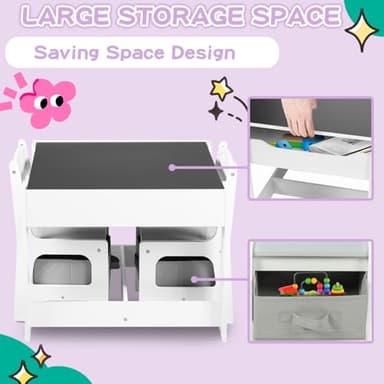 Kinder King Kids Wood Table & 2 Chairs Set, 3 in 1 Children Activity Table w/Storage, Removable Tabletop, Blackboard, 3-Piece Toddler Furniture Set for Art, Crafts, Drawing, Reading, Playroom, Grey - Image 5