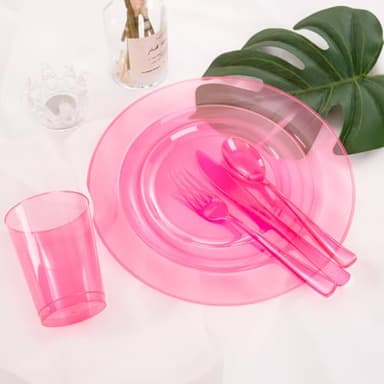 WDF 25 Guest Pink Plates with Pink Plastic Silverware&Pink Cups-Neon Clear Disposable Dinnerware include 50 Plates,25Forks, 25 Knives, 25 Spoons,25 Plastic Cups for Party and Baby Shower - Image 2