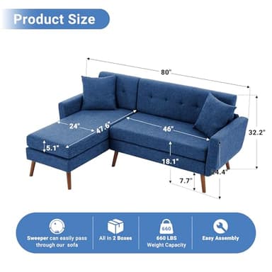 Tbfit L Shaped Couch Sofa, 80" W Mid-Century Modern Sectional Couches, 3 Seater Sofas with Wide Chaise Lounge & Two Pillows,Button Tufted Upholstered Sectional Sofa for Living Room, Bedroom, Blue - Image 2