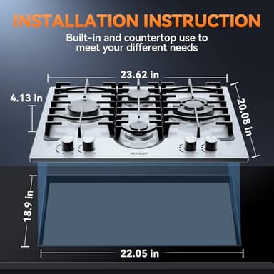 Gas Cooktop 24 Inch ROVLEP, Gas Stove Top Built-in 4 Burners Stainless Steel Total 31,600 BTU, 24 Inch NG/LPG Convertible Propane Cooktops Dual Fuel, RV Stove Top with Thermocouple Protect - Image 7