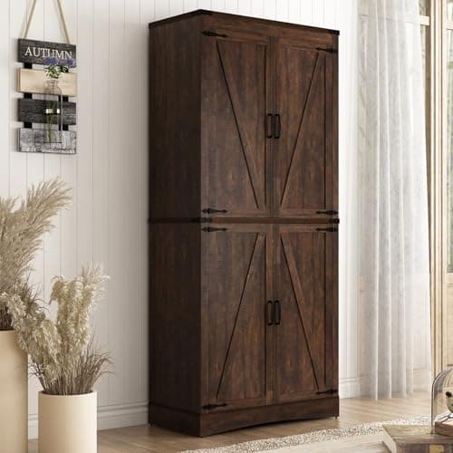 Hlivelood 71" Tall Kitchen Pantry,Farmhouse Storage Cabinet with Adjustable Shelves,Load-Bearing Steel Pipe,Farmhouse Pantry Cabinet with 4 Barn Doors, for Kitchen,Dining Room,Living Room(Brown) - Image 1