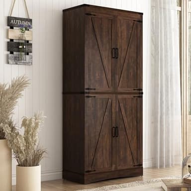 Hlivelood 71" Tall Kitchen Pantry,Farmhouse Storage Cabinet with Adjustable Shelves,Load-Bearing Steel Pipe,Farmhouse Pantry Cabinet with 4 Barn Doors, for Kitchen,Dining Room,Living Room(Brown) - Image 1