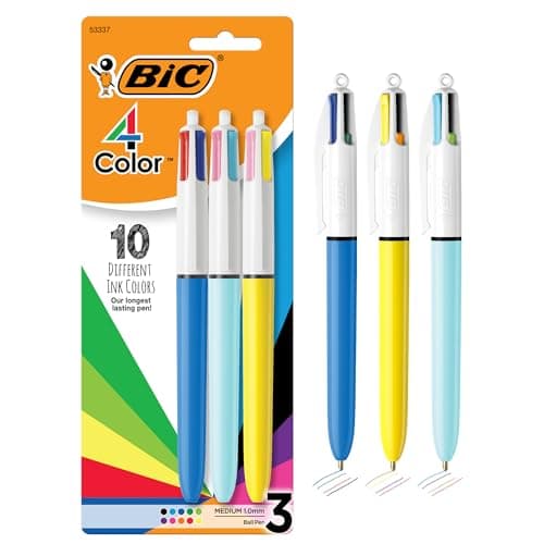BIC 4-Color Retractable Ballpoint Pen, Long-Lasting Ink and Comfortable Wide Barrel, 3-Count Pack in Assorted Ink - Image 1