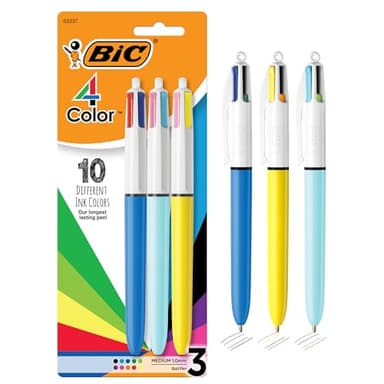 BIC 4-Color Retractable Ballpoint Pen, Long-Lasting Ink and Comfortable Wide Barrel, 3-Count Pack in Assorted Ink - Image 1