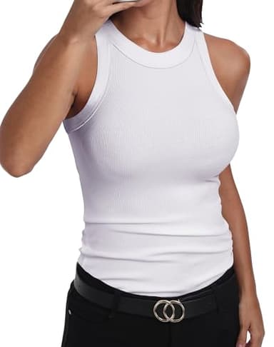 GEMBERA Womens Sleeveless Racerback High Neck Basic Ribbed Knit Fitted Tank Top White L - Image 1