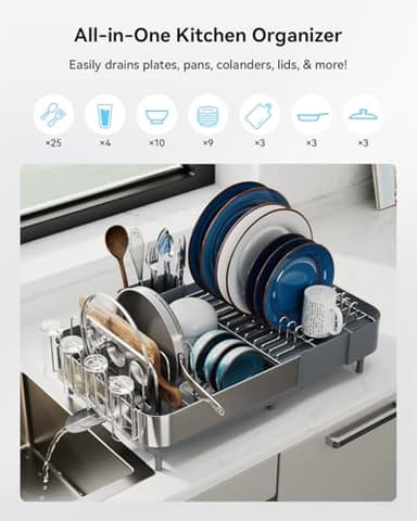 SUNLY Expandable Dish Drying Rack, Versatile Brackets for Pots & Pans, Space Saving Kitchen Drying Rack, Dish Racks for Kitchen Counter, Stainless Steel Dish Drainers with Extendable Spout, Gray - Image 2