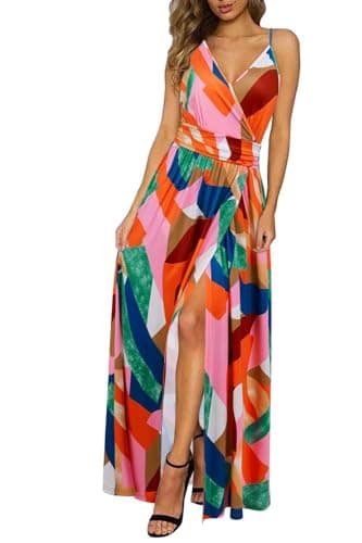 Newshows Womens Dresses Summer 2025 Plus Size Spaghetti Strap Resort Wear Backless Casual Beach Hawaiian Split Long Maxi Dress(Pink Floral Blue, M) - Image 1