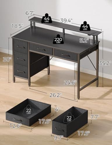 Seventable Computer Desk with Power Outlets & LED Light, 39 inch Home Office Desk with 5 Drawers, Writing Desk with Monitor Stand,Work Desk for Home Office, Black - Image 3
