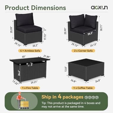 Aoxun 8 Piece Patio Furniture Set with 44” Fire Pit Table Wicker Patio Sectional Sofa Set Outdoor Seating Furniture with Thickened Cushion, Black - Image 7