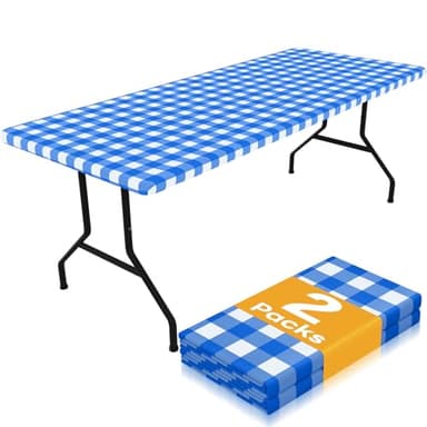 Smiry Picnic Table Cloth 2 Pack, Waterproof Elastic Fitted Tablecloths for 6FT Rectangle Tables, Washable Polyester Buffalo Plaid Tablecloth for Camping, Dining & Outdoor (Blue & White, 30" x 72") - Image 1